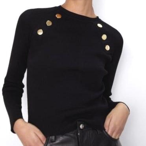 black long sleeve top with gold buttons